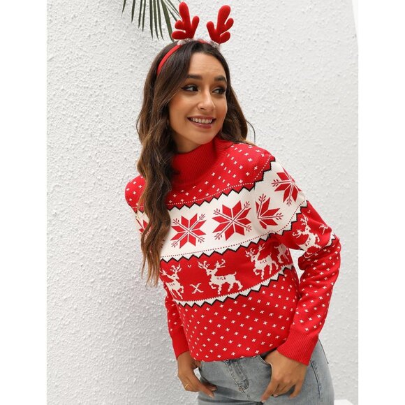 Women Ugly Christmas Red Sweater Reindeer Snowflake Knit Pullover Crew Neck - Picture 3 of 5